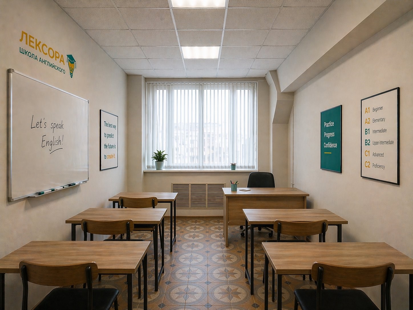 Класс школы Лексора — светлая комната с партами, доской и уровнями CEFR